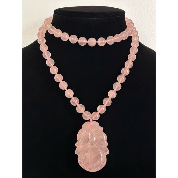 Handmade Rose Quartz Knotted 32 inch Necklace, 2 inch Rose Centerpiece - Picture 3 of 8